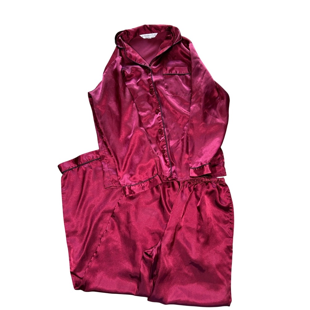 Alexander Del Rossa Womens Burgundy Satin Pajama Set Long Sleeve Pants XS Wine